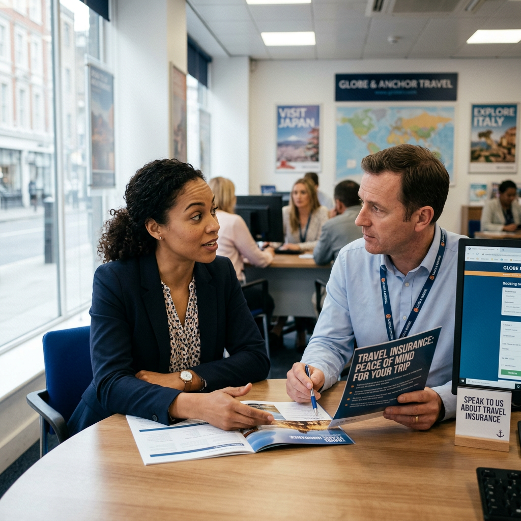 Woman asking about travel insurance at desk